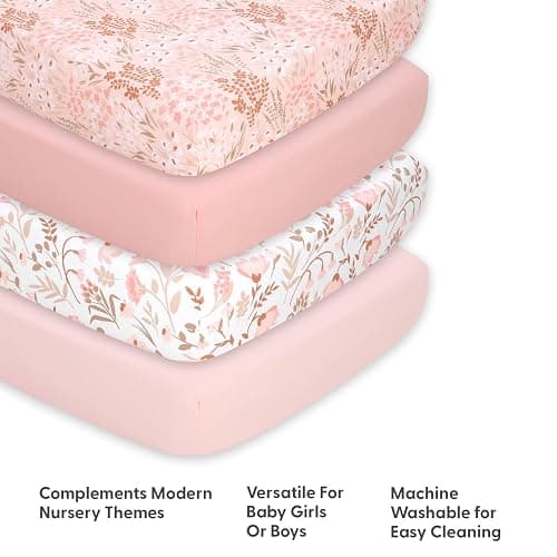 The Peanutshell 4-Pack Fitted Crib Sheet Set - Super Soft & Breathable Baby Girl Crib Sheets, Nursery Decor, Fit for Standard Mattress Cover- Whimsical Floral thumbnail 5