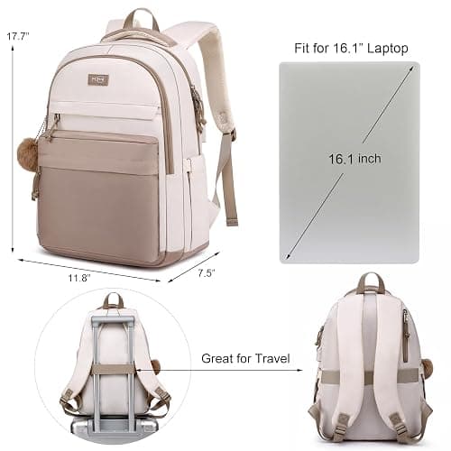 MOMUVO School Backpack Women and Teen Girls,Cute Bookbag Lightweight Laptop Backpack College SchoolBag Students - 15.6 inch - Khaki Beige thumbnail 5