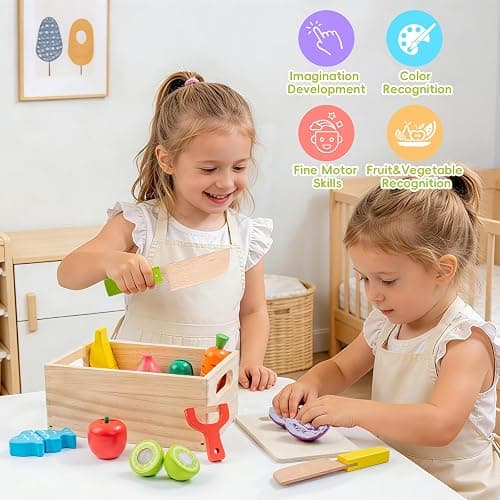 Wooden Play Food Sets for Kids Kitchen, Velcro Fruits & Veggies Cutting Set | Fake Food Play Kitchen Accessories, Learning Pretend Play for Toddlers 3-5 Boys Girls thumbnail 4