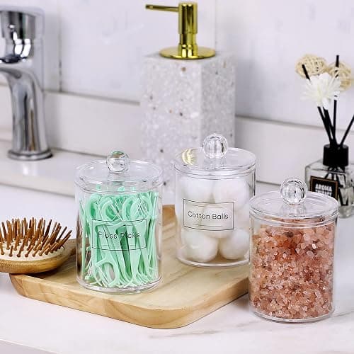 AOZITA 3 Pack Acrylic Qtip Holder Dispenser for Cotton Swab, Ball, Round Pads, Floss Picks - 10 oz Clear Plastic Apothecary Jar Set for Bathroom Canister Storage Organization, Vanity Makeup Organizer thumbnail 5