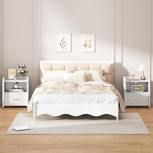 Curlaky Night Stand with Charger Station, Fluted Wood Nightstand with Drawer Storage, Modern Bedside Table, Wide Nightstands for Bedroom, Mid Century Wooden Night Stands for Home Office Sofa Couch thumbnail 3