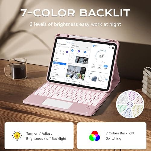 aoub Compatible for iPad A16 Case with Keyboard 11th /10th Generation 2025/2022, Multi-Touch Trackpad, 7 Color Backlit, Detachable Bluetooth Keyboard for iPad 11th/10th Gen 11 inch/ 10.9 inch, Pink thumbnail 3