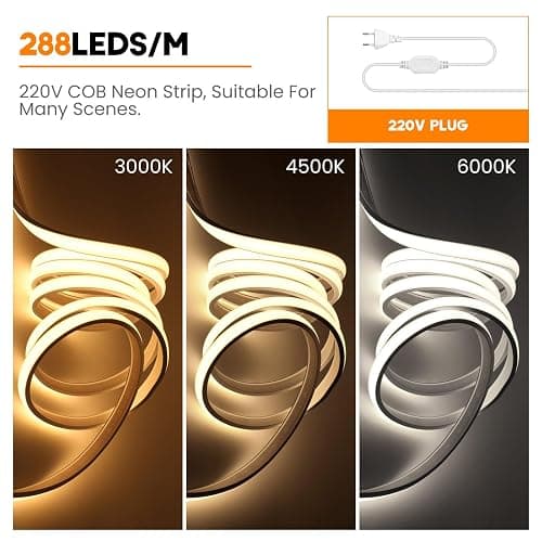 KISUFU Bandeau LED COB 220V, IP65 étanche Flexible néon LED Strip 288 Leds/m Bandes à LED Ruban pour DIY Chambre, Cuisine, Exterieur Maison Décoration. Blanc,1M thumbnail 5