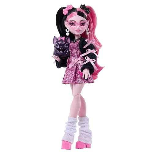 Monster High Doll, Draculaura in Pink Bow Dress and Black Cardigan with Pet Bat Count Fabulous and 7 Accessories Like Ramen, Lipstick and Purse thumbnail 5