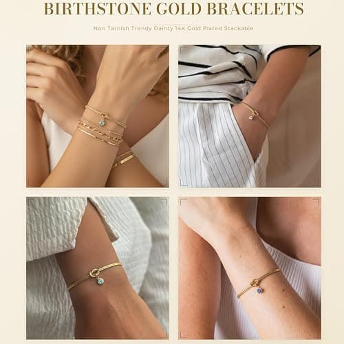 Gold Birthstone Bracelets for Women- Dainty Love Knot Snake Chain Bracelet Stack Adjustable, Trendy Personalized Friendship Birthday Christmas Jewelry Gifts for Mom Daughter Sister Friend thumbnail 6