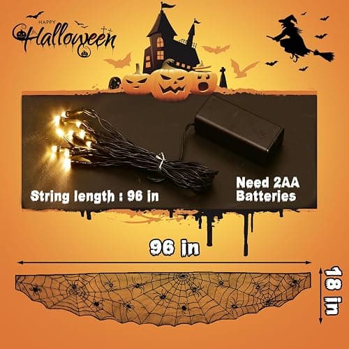 FUN LITTLE TOYS Halloween Decorations Indoor - Mantel with String Lights Lace Spiderweb Decor Inside for Home Party Supplies (18 x 96 inch) thumbnail 2