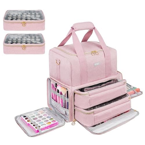 Nail Polish Organizer Holds 80 Bottles and a Nail Lamp,Nail Polish Carrying Case with 2 Removable Bags,Nail Organizers and Storage for Nail Tech,Portable Nail Polish Holder for Nail Supplies,Pink - Image 1