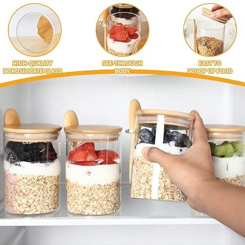 Eidoct 4-Pack Overnight Oats Containers with Wooden Lids and Spoon | 16 oz Overnight Oats Jars, Glass Food Storage Container for Oatmeal, Chia Pudding, Yogurt, Salad, Cereal thumbnail 4