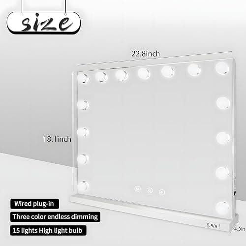 MKupView 22.8" x 18.2" Vanity Mirror with Lights White Makeup Mirror Hollywood Mirror with 15 Dimmable LED Bulbs 3 Color Modes 10X Magnification & USB Charging Port Mirror for Wall-Mounted thumbnail 2