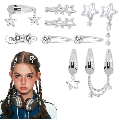 10PCS Star Hair Clips Set, Y2K Silver Metal Snap Barrettes for Women Girls, 8 Shapes Kawaii Hair Accessories, Punk Grunge 2000s Vintage Style - Image 1