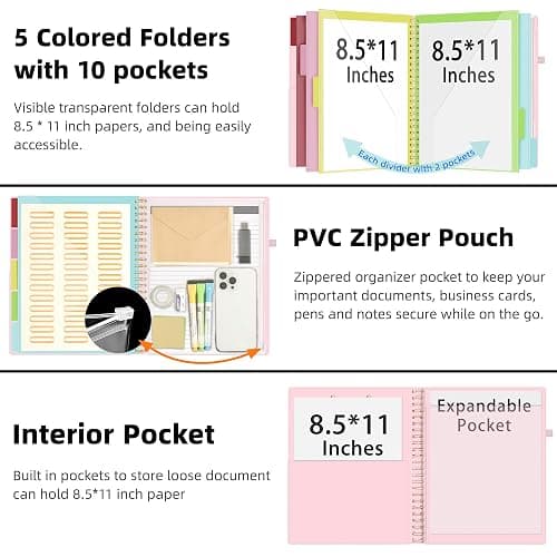 Ospelelf Leather Clipboard Folio with Notepad for Letter Size, Spiral Clipboard Folder with Storage Zipper Pouch, 5 Folders with 10 Pockets, 39 Divider Label Stickers, Pen Loop Series (Pink) thumbnail 2