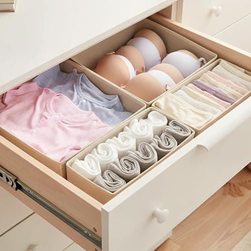 ALFSPEJO Drawer Organizer Set 6 Pack - Foldable Fabric Storage Bins with Zipper Bottom for Underwear Socks Bras Baby Clothes - Closet Dresser Organizers Dividers for Bedroom Nursery, Beige thumbnail 5