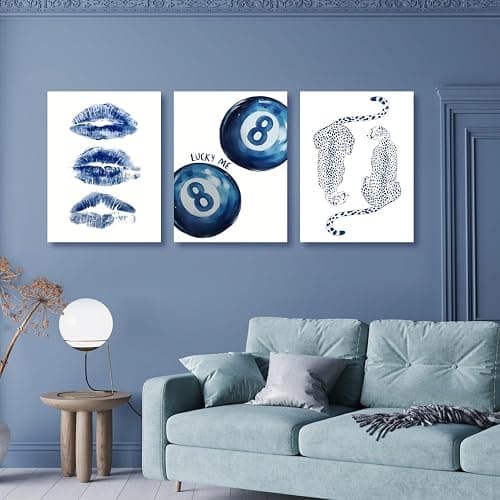 GELDSTEI Preppy Blue Cheetah Wall Art, Navy Retro 8 Ball Aesthetic Pictures, Trendy Kiss Lips Wrapped Canvas Artwork, Modern Leopard Poster Prints for Bedroom Living Room Apartment Framed 12"x16"x3 thumbnail 2