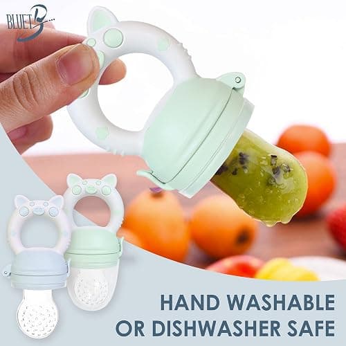 Bluet B- Baby Fruit Feeder Pacifier - BPA-Free Silicone Baby Food Feeder for Self-Feeding - Teething Relief - 4+ Months, 6 Silicone Nipples - 2 Pack Fresh Fruit Pacifier Frozen Teether - Blue & Green - Blue thumbnail 6