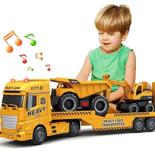 SpringFlower 3 4 5 6 Toddler Boy Toys, 25" Construction Carrier Toy with Excavator and Dump Truck,3 in 1 Truck, Christmas Birthday Gifts for Kids 3 4 5 6 Years Old - Image 1