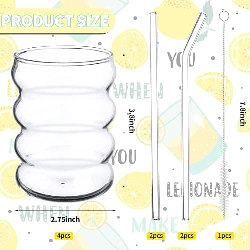 SevenMye 4 Pack Creative Beer Glasses Cups Ripple Shaped Vintage Clear Drinking Glasses with Straws Set Cute Drinking Glasses Coffee Glasses Ribbed Glassware Aesthetic Cups for Kitchen Juice Beverage thumbnail 3