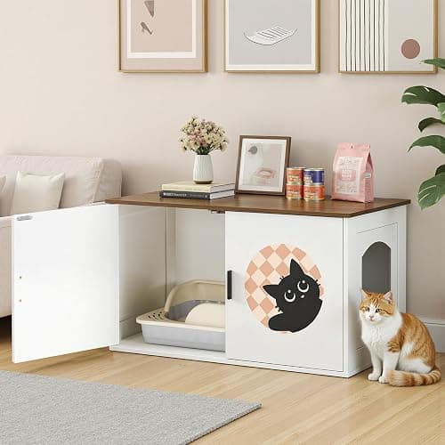 HOOBRO Cat Litter Box Enclosure with Cute Cat Patterns and Arched Entrance, Hidden Litter Box Enclosure Furniture, 31.3"L x 17.7"W x 17.3"H, Litter Box Cabinet, Side Table, White and Walnut WH08MW01 thumbnail 6