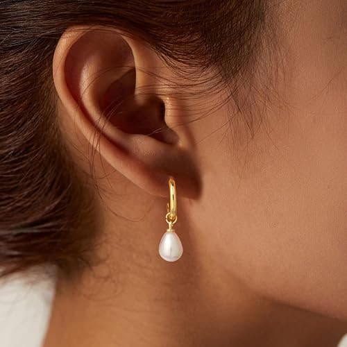 JOBICY Pearl Earrings for Women Trendy, 14k Gold Plated Freshwater CZ Leaf Pearl Dangle Drop Gold Earrings Lightweight Hypoallergenic Stud Earring Bridesmaid Wedding Gold Jewelry for Women Gifts thumbnail 2