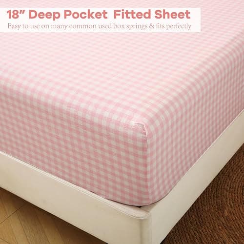 K MASANIJI Peach Blush White Plaid Ruffle Gingham Sheets Twin XL Size 4-Piece Set, 300TC 100% Yarn Dyed Linen Feel Cotton Sheets 18 in Deep Pocket Kids Preppy Bedding (Blush/White Plaid, Twin XL) thumbnail 5