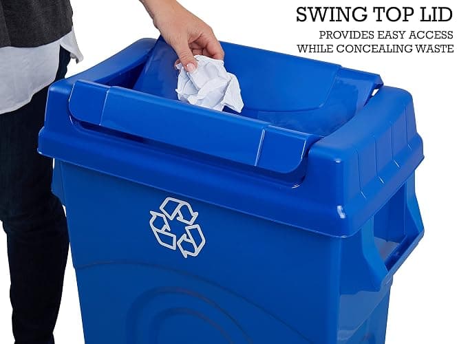 United Solutions 23 Gallon Highboy Plastic Recycling Bin Kitchen Trash Can with Lid, Pass Through Handles, and Dustpan Edge, Blue thumbnail 4