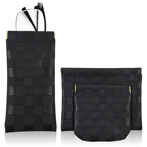 3PCS Small Makeup Bag for Women, Mini Cosmetic Bags Leather Pocket Pouch Purse,Snap Closure Waterproof Portable Bag,Checkered Storage Travel Bag for Lipstick Change Glasses Coin Cards (Black) - Image 1