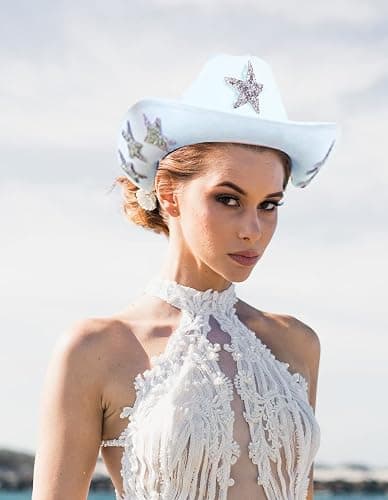 White Cowgirl Hat with Heart Sunglasses - Cowboy Hat with Glitter Star Fits Women for Bachelorette Themed Party thumbnail 4