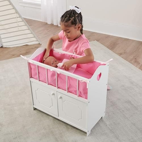 Badger Basket Wooden Baby Doll Crib with Storage, Bedding & Blanket - White | Fits up to 22" dolls; includes crib liner, blanket, pillow, storage cabinet, wood build & personalization kit. thumbnail 2