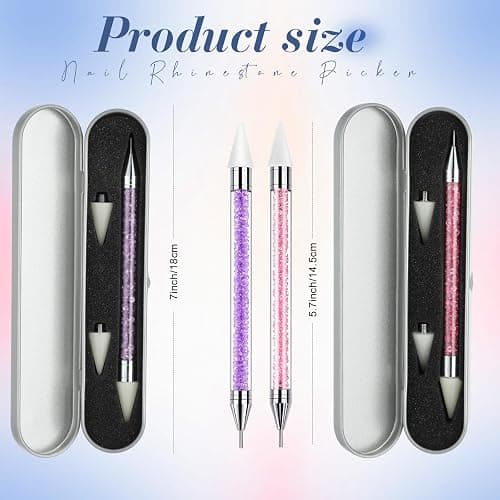 2 Pieces Rhinestone Picker Dotting Pen, Dual-ended Rhinestone Gems Crystals Studs Picker Wax Pencil Pen Crystal Beads Handle Manicure Nail Art DIY Decoration Tool (Pink Purple) thumbnail 2