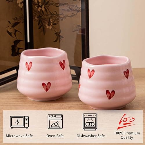 YumiPLUS 4pcs Ceramic Tea Cup Set – 160ml 5.4OZ Porcelain Pink Matcha Cup, Handless Cute Hearts Coffee Mugs for breakfast espresso/afternoon tea (Pink Love) thumbnail 4