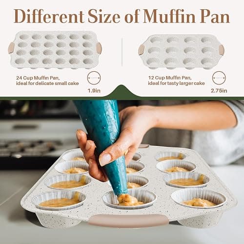 10-Piece Baking Pans Set Nonstick, Stackable Bakeware, Toxin-Free Baking Pans Set with Silicone Handles, Includes Cookie Sheets, Cake Pan, Loaf Pan, Pizza Pan, Muffin Pan, White&Khaki thumbnail 4