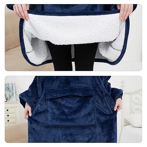 KFUBUO Wearable Blanket Hoodie for Adults Sherpa All Patterns Oversized Sweatshirt Blanket with Pockets Gifts for Mom Navy thumbnail 7