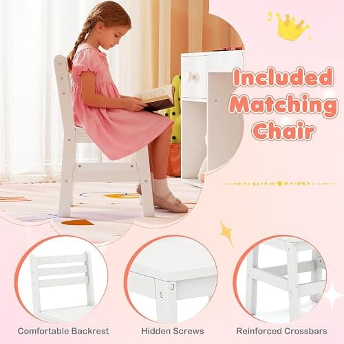 Costzon Kids Vanity with Lights, Girls Vanity Set with Mirror, Bookshelf, Drawer, Storage Cabinet & Shelves, Toddler Makeup Vanity Desk Dressing Table, Kids Vanity Table and Chair Set (White) thumbnail 6