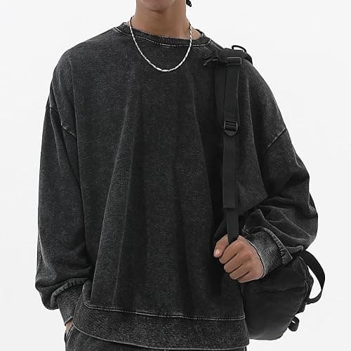 BINTEHGS Mens Oversized Vintage Sweatshirts Acid Wash Plain Crewneck Sweatshirt Streetwear Unisex Distressed Couple Pullover thumbnail 5