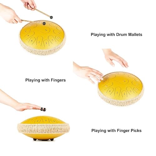 HOPWELL Steel Tongue Drum - 13 Inches 15 Notes Tongue Drum - Hand Pan Drum with Music Book, Drums Mallets and Carry Bag, D Major (Yellow) thumbnail 4