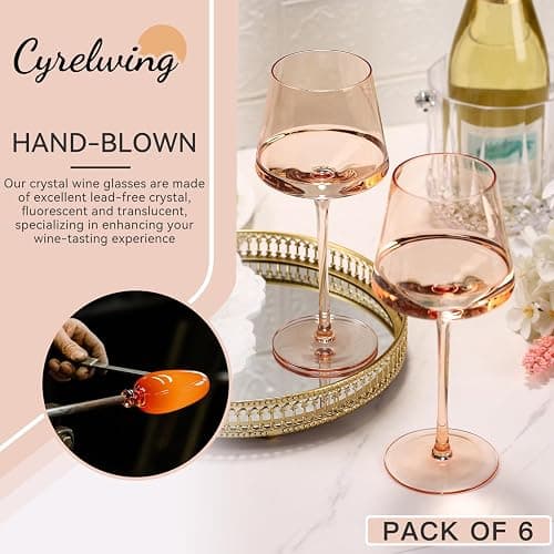 Cyrelwing Light Pink Wine Glasses Set of 6,18oz Blush Pink Wine Glassware Gift Set-Light peach Hand Blown Glass Drinkware for Red White Wine thumbnail 5