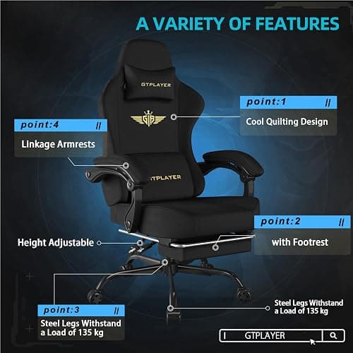 GTPLAYER Gaming Chair Fabric with Pocket Spring Cushion, Big and Tall Gamings Chairs 350LBS High Back Computer Chair with Footrest for Adults Lumbar Support Swivel Game Chair for Office Light Black thumbnail 5