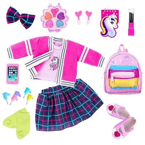 K.T. Fancy 18 Inch Doll British Style Fashion Set 14 PCS Clothes & Accessory Collection with School Bag, Unicorn Stationery,Makeup Tools for 18" Dolls thumbnail 7