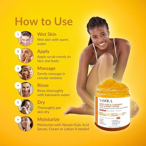 Nasola Kojic Acid Turmeric Face and Body Scrub - Moisturizing & Exfoliating Sugar Scrub with Shea Butter & Oils For All Skin Types - Removes Dead Skin for Hydrated Feel, Great Gifts For Women & Men thumbnail 6