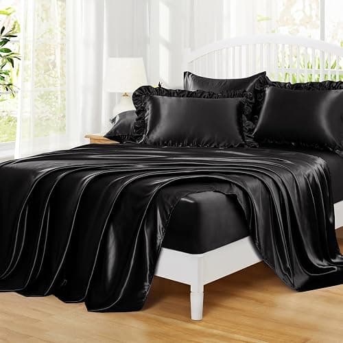 Homiest Ruffled Satin Sheets Full Size 6pc Set - Black Bed Sheet Set with 15 Inch Deep Pocket Fitted Sheet, 1 Flat Sheet, 2 Ruffled Pillow Shams & 2 Pillowcases, Similar to Silk Sheets thumbnail 6