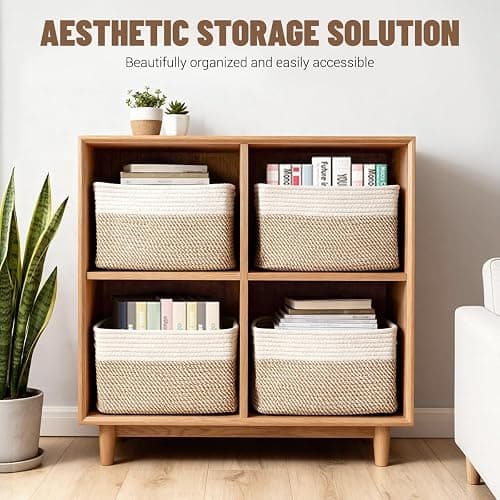 Yilobi 5 Pack Woven Storage Baskets for Shelves, Decorative Basket Organizer Storage Bins for Toys, Books, Clothes, Closet, Nursery, Bathroom – Cotton Rope Shelf Baskets for Organizing, Khaki & White thumbnail 4