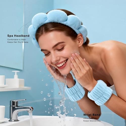 Real Perfection Spa Headband for Washing Face, Skincare Headband Wristband Set for Facial Mask Skin Care, Makeup Remover Towel Cloth Small Spray Bottle with Travel Makeup Bag Gifts for Women - Blue thumbnail 2