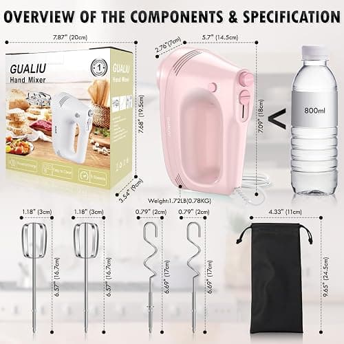 GUALIU Electric Hand Mixer with Stainless Steel Whisk, Dough Hook Attachment and Storage Bag, Handheld Mixer for Baking Cakes, Eggs, Cream Food Mixers. Turbo Boost /5 Speed Kitchen Blender PINK thumbnail 2
