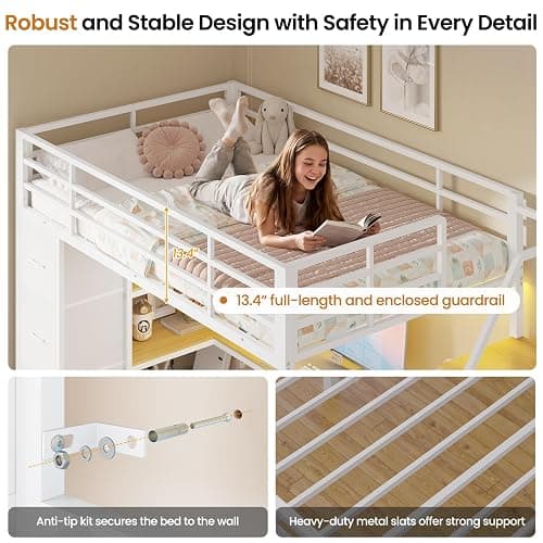 DICTAC Loft Bed Twin Size with Storage Stairs,Desk and Charging Station,Metal Twin Loft Bed with LED Lights,8 Storage Drawers,3-tier Shelves,Loft Beds for Kids,Teens,Adults with Safety Guardrail,White thumbnail 8