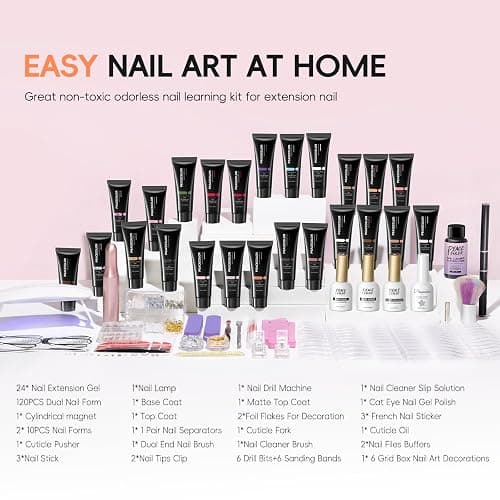 PEACECOLOR 52Pcs Poly Nail Gel Kit with Drill and U V Light 24 Colors Poly Nail Extension Gel with Cat Eye Nail Polish Glossy Matte Top Coat Nail Rhinestones Starter Kit Home Salon DIY Gifts for Women thumbnail 2