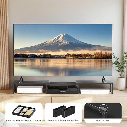 OPNICE Desk Organizers and Accessories, Dual Monitor Stand Riser with Drawer and 2 Pen Holders, Desk Shelf Metal Computer Racks for Office Workspace Organizers, Desktop Organization (Black) thumbnail 8