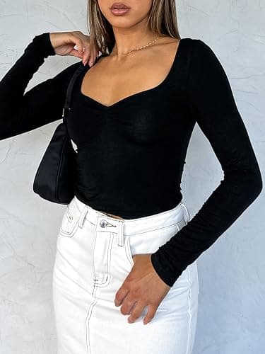 ForeFair Women's Sexy Long Sleeve Going Out Tops Pleated Bustier Shirt Cute Sweetheart Neck Y2K Cropped Top thumbnail 7