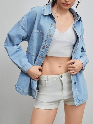 Women Denim Jacket Shacket Long Sleeve Oversize Boyfriend Jean Jacket Shirt thumbnail 5