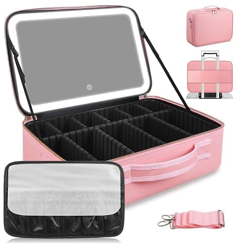 15''X11'' Large Capacity Makeup Bag with LED Mirror, Professional Makeup Case Organizer with 3 Color Light Adjustable Brightness, Travel Make up Cosmetic Case with Detachable Dividers & Shoulder Strap - Image 1