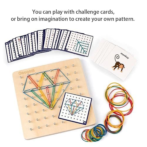 Coogam Wooden Geoboard Mathematical Manipulative Material Array Block Geo Board – Graphical Educational Toys with 30Pcs Pattern Cards and Latex Bands Shape STEM Puzzle Matrix 8x8 Brain Teaser for Kid thumbnail 4