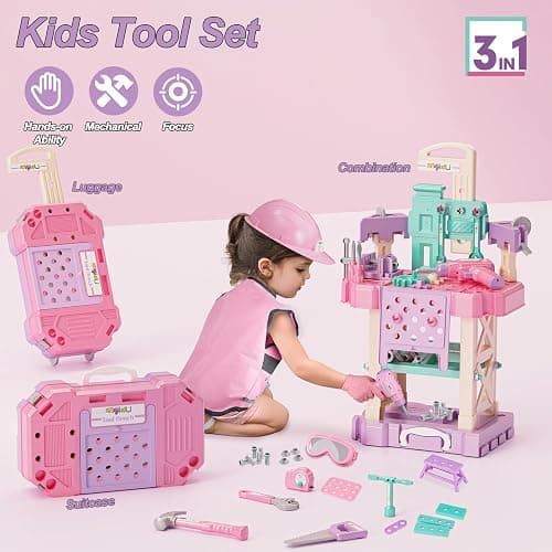 Magic4U Kids Tool Bench Set, 89PCS Toddler Tool Workbench with Electirc Drill 12 Tools Equipement,Safety Vest & Hat,Pretend Play Kids Construction Toys Gift for Girls Boys Age 3,4,5,6,7,8 thumbnail 8